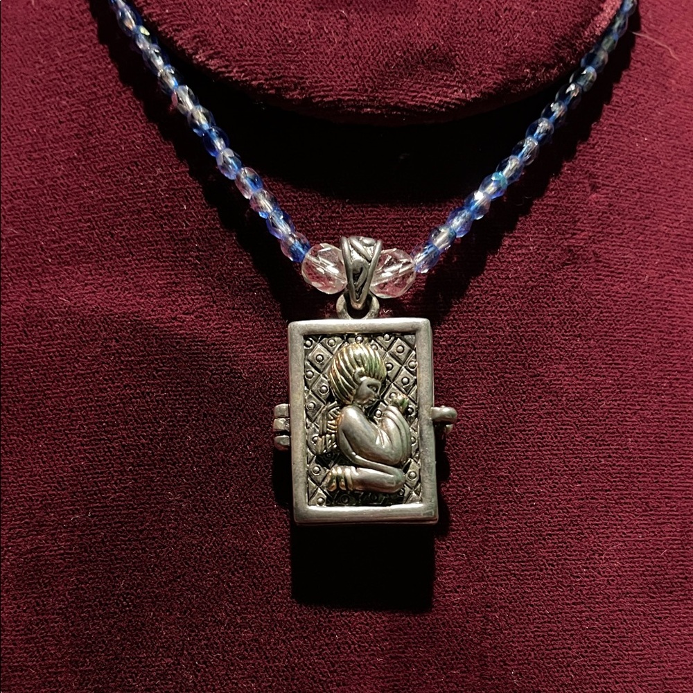 Silver Locket, Prayer Box, Pendant Necklace with Blue Crystal Beads